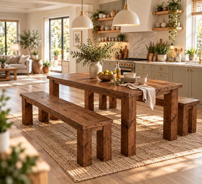 TEMPLETON Walnut Colour Solid Wood Dining Table With Chunky Legs and Optional Benches