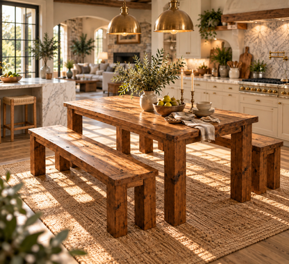 TEMPLETON Walnut Colour Solid Wood Dining Table With Chunky Legs and Optional Benches