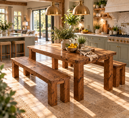 TEMPLETON Walnut Colour Solid Wood Dining Table With Chunky Legs and Optional Benches