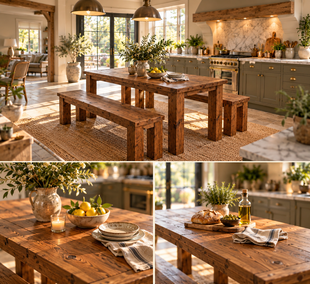 TEMPLETON Walnut Colour Solid Wood Dining Table With Chunky Legs and Optional Benches