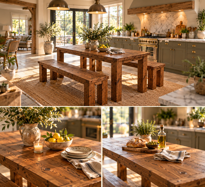 TEMPLETON Walnut Colour Solid Wood Dining Table With Chunky Legs and Optional Benches