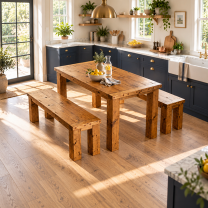 TEMPLETON Solid Wood Dining Table With Chunky Legs and Optional Benches