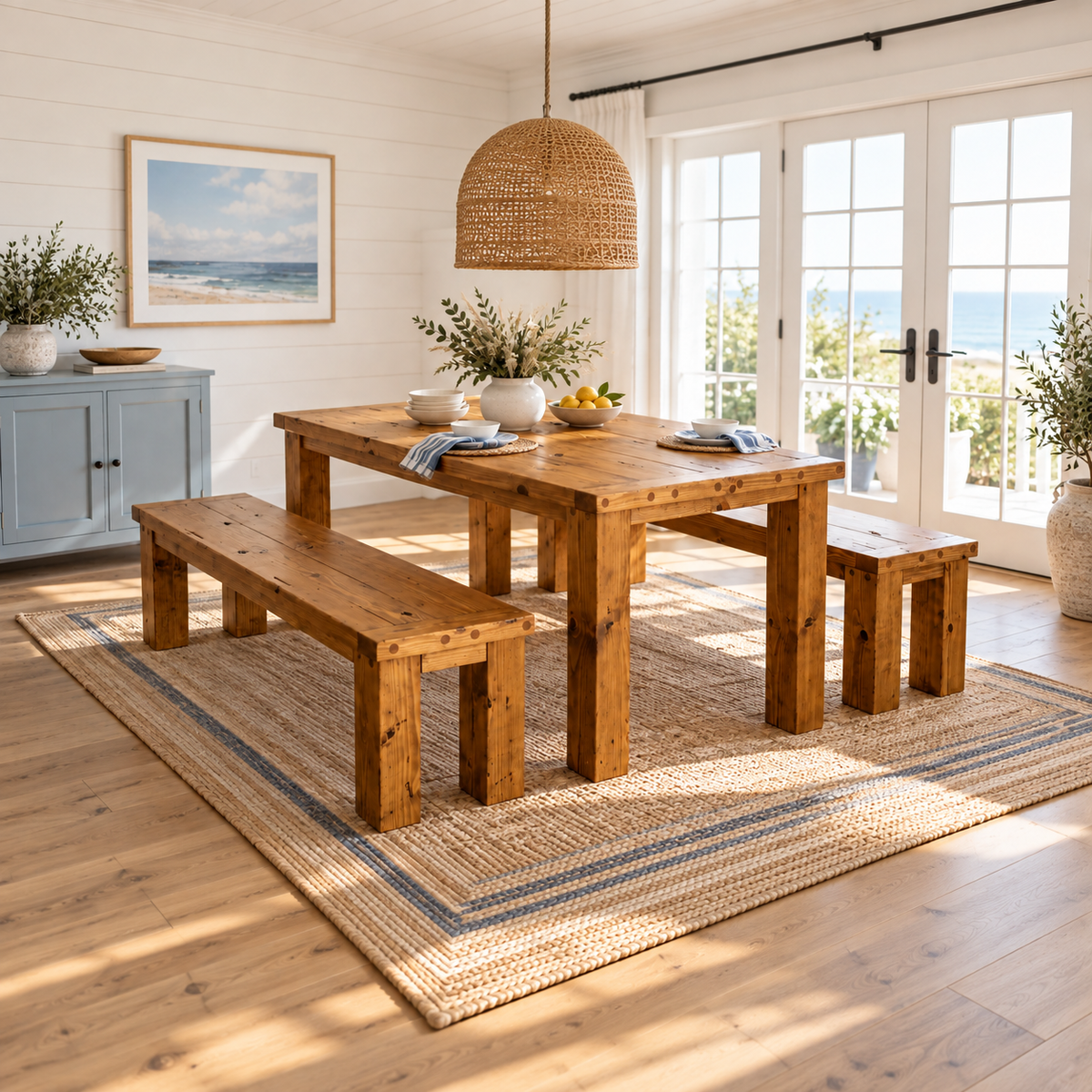 TEMPLETON Solid Wood Dining Table With Chunky Legs and Optional Benches