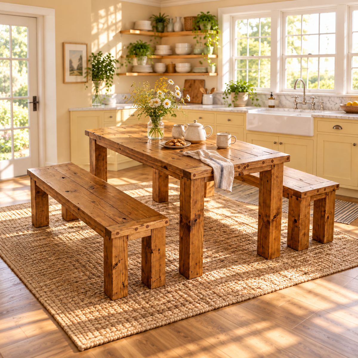 TEMPLETON Solid Wood Dining Table With Chunky Legs and Optional Benches