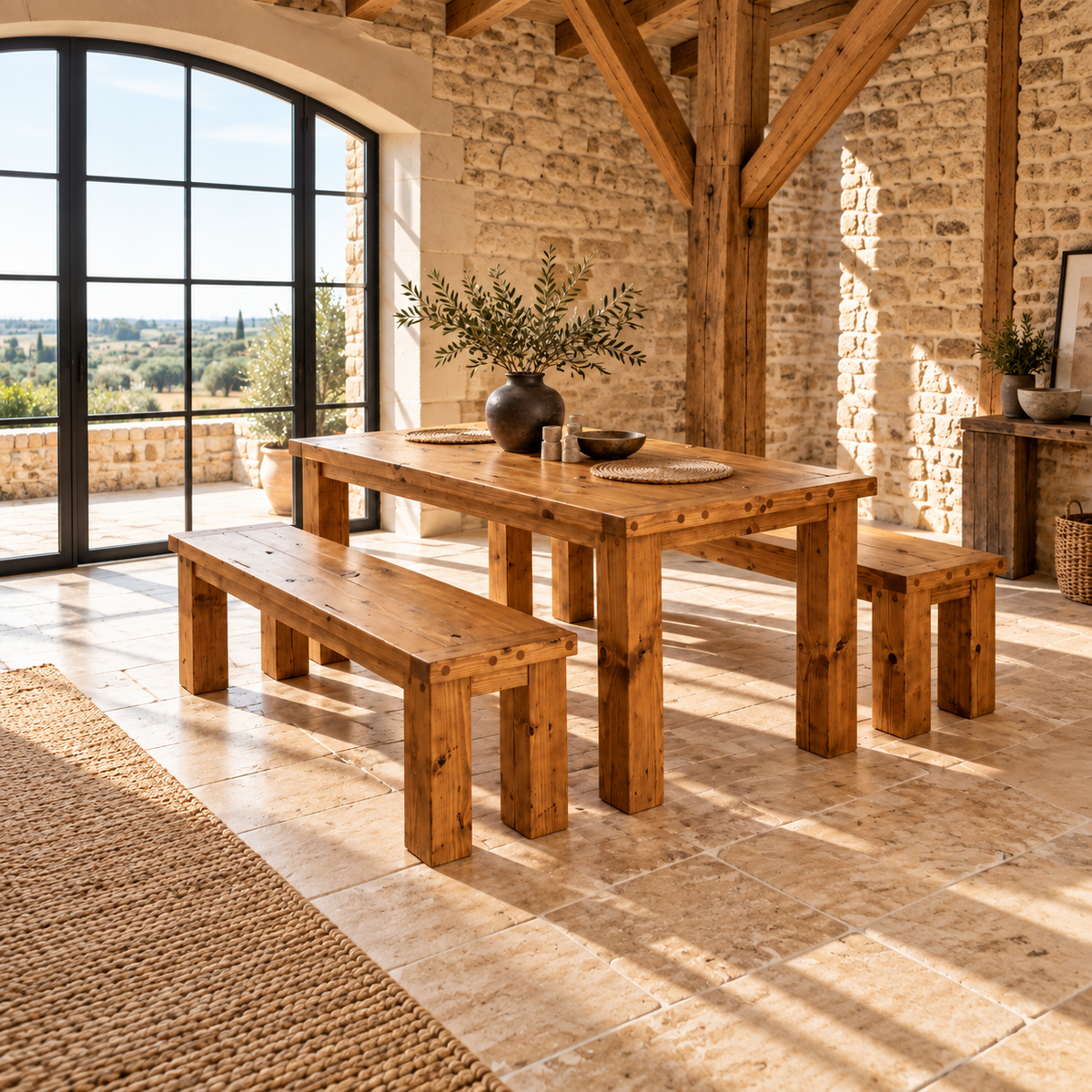 TEMPLETON Solid Wood Dining Table With Chunky Legs and Optional Benches