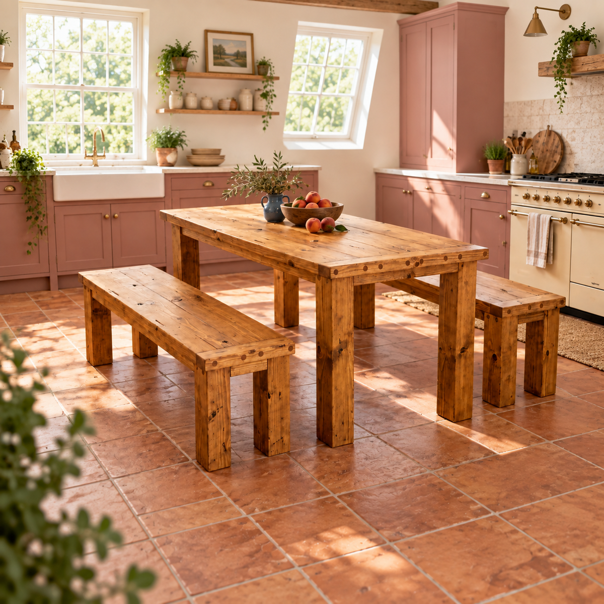 TEMPLETON Solid Wood Dining Table With Chunky Legs and Optional Benches