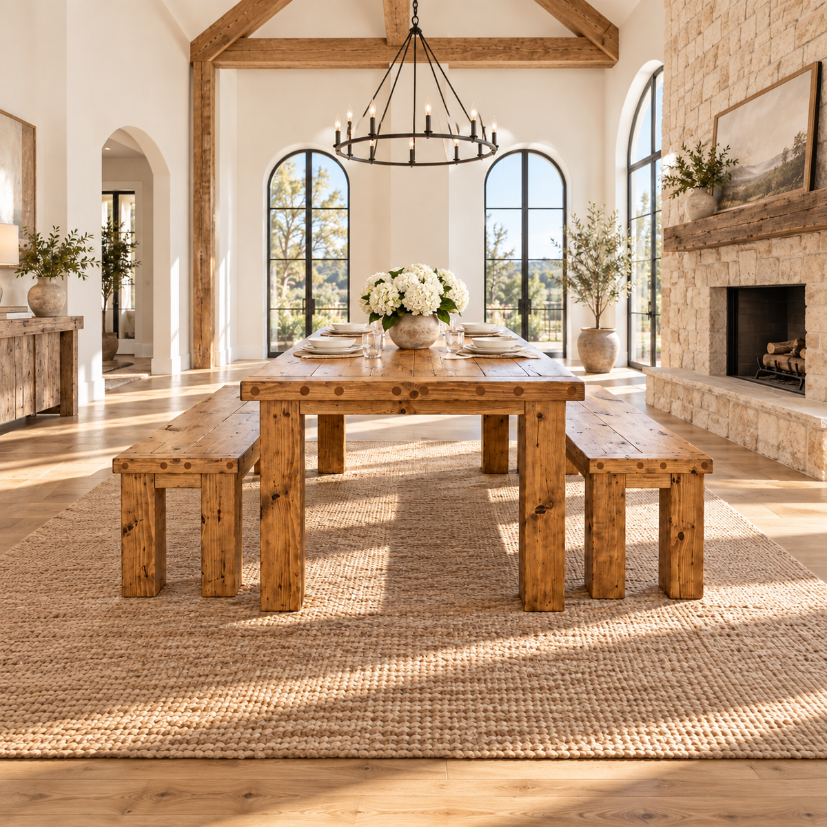 TEMPLETON Solid Wood Dining Table With Chunky Legs and Optional Benches