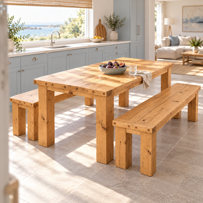 TEMPLETON Light Oak Colour Solid Wood Dining Table With Chunky Legs and Optional Benches