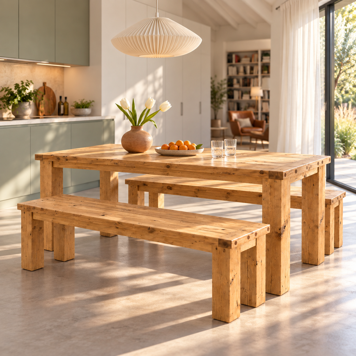 TEMPLETON Light Oak Colour Solid Wood Dining Table With Chunky Legs and Optional Benches