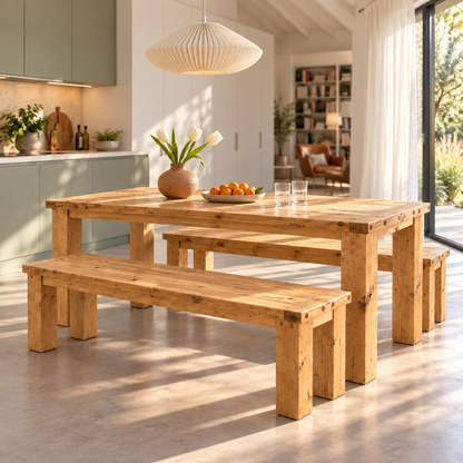 TEMPLETON Light Oak Colour Solid Wood Dining Table With Chunky Legs and Optional Benches