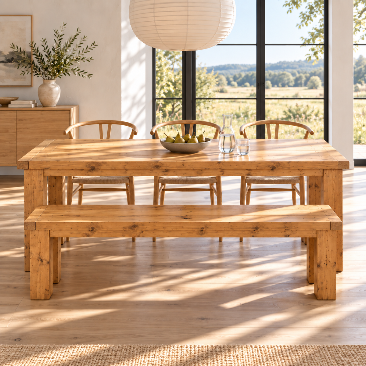 TEMPLETON Light Oak Colour Solid Wood Dining Table With Chunky Legs and Optional Benches