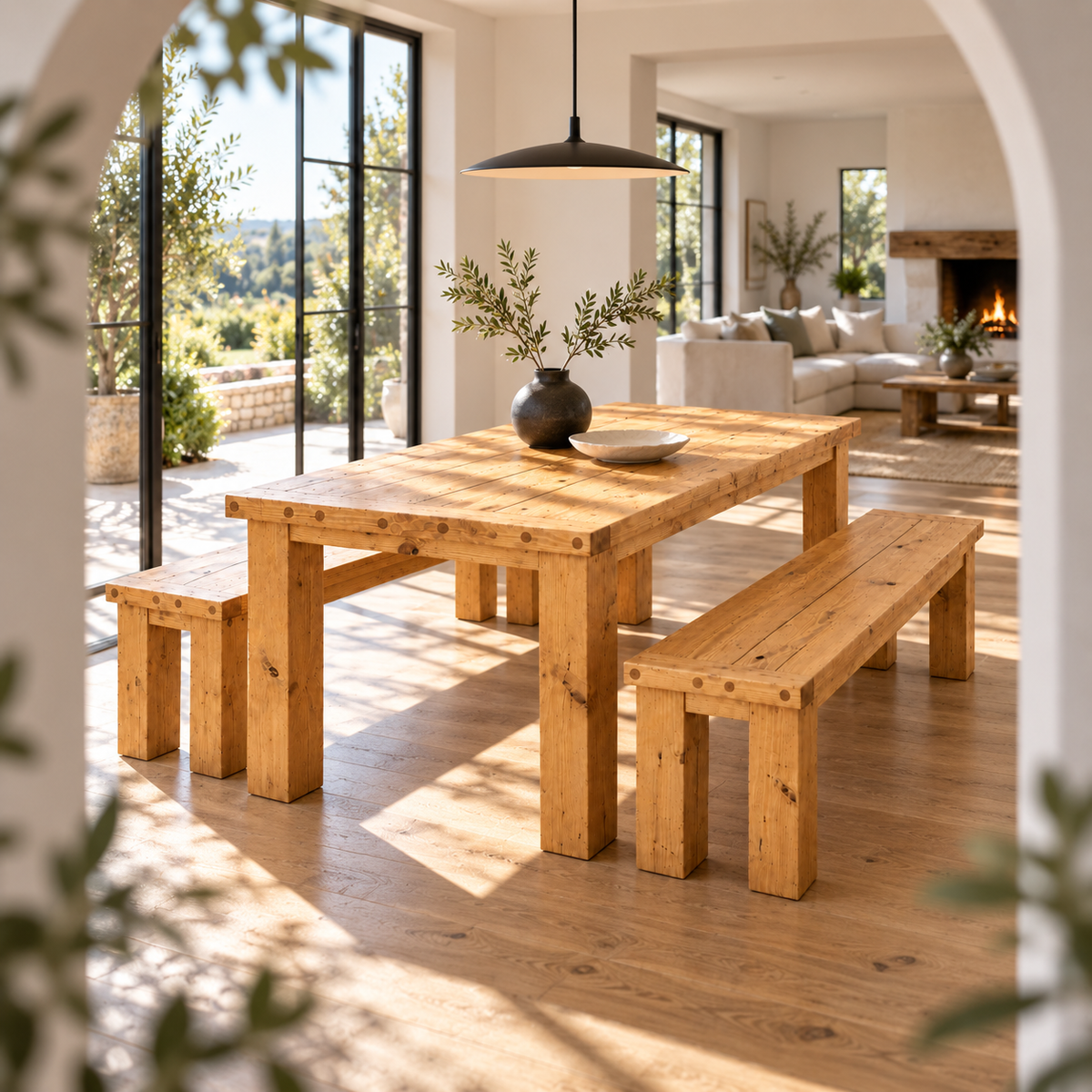 TEMPLETON Light Oak Colour Solid Wood Dining Table With Chunky Legs and Optional Benches