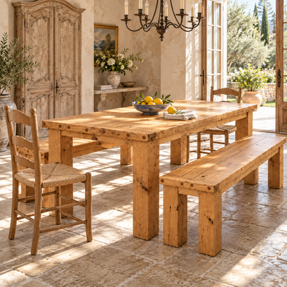 TEMPLETON Light Oak Colour Solid Wood Dining Table With Chunky Legs and Optional Benches