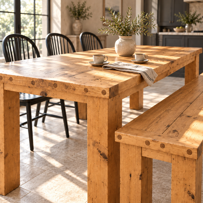 TEMPLETON Light Oak Colour Solid Wood Dining Table With Chunky Legs and Optional Benches