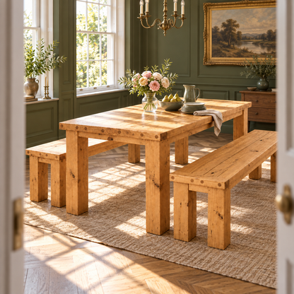 TEMPLETON Light Oak Colour Solid Wood Dining Table With Chunky Legs and Optional Benches