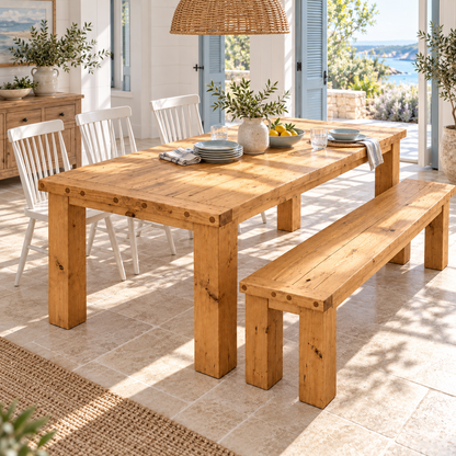 TEMPLETON Light Oak Colour Solid Wood Dining Table With Chunky Legs and Optional Benches