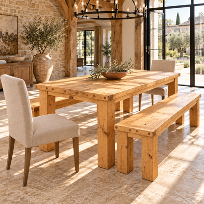 TEMPLETON Light Oak Colour Solid Wood Dining Table With Chunky Legs and Optional Benches