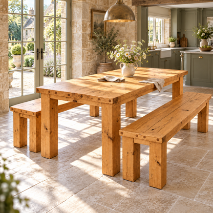 TEMPLETON Light Oak Colour Solid Wood Dining Table With Chunky Legs and Optional Benches