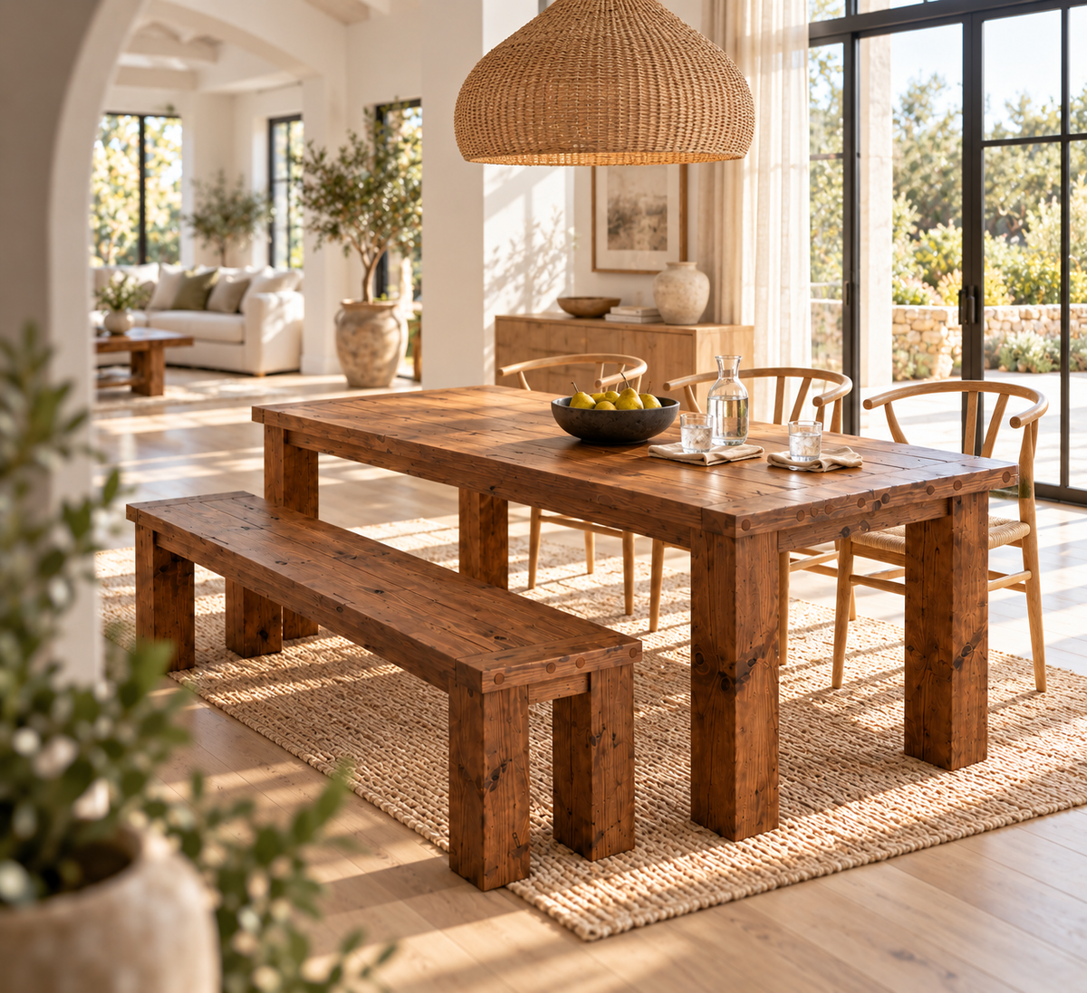 TEMPLETON Walnut Colour Solid Wood Dining Table With Chunky Legs and Optional Benches