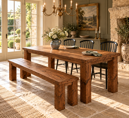 TEMPLETON Walnut Colour Solid Wood Dining Table With Chunky Legs and Optional Benches