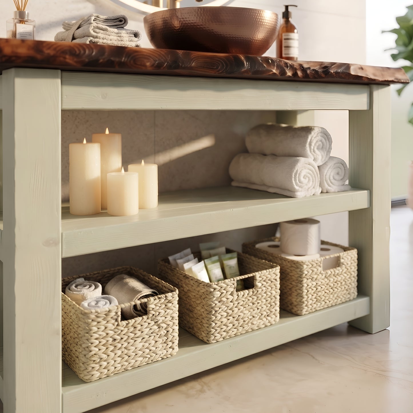 TERO Light Green Solid Wood Bathroom Vanity With Shelf
