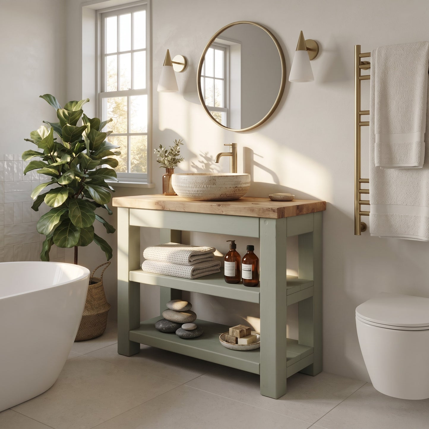 Tero Light Green Solid Wood Bathroom Vanity With Shelf