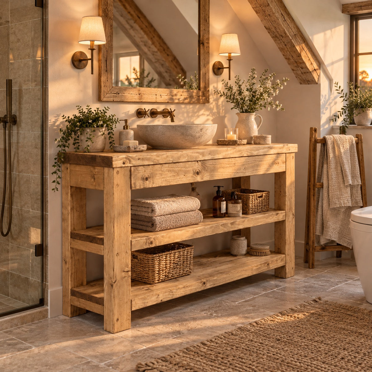 TERO Light Oak Colour Solid Wood Bathroom Vanity With Shelf