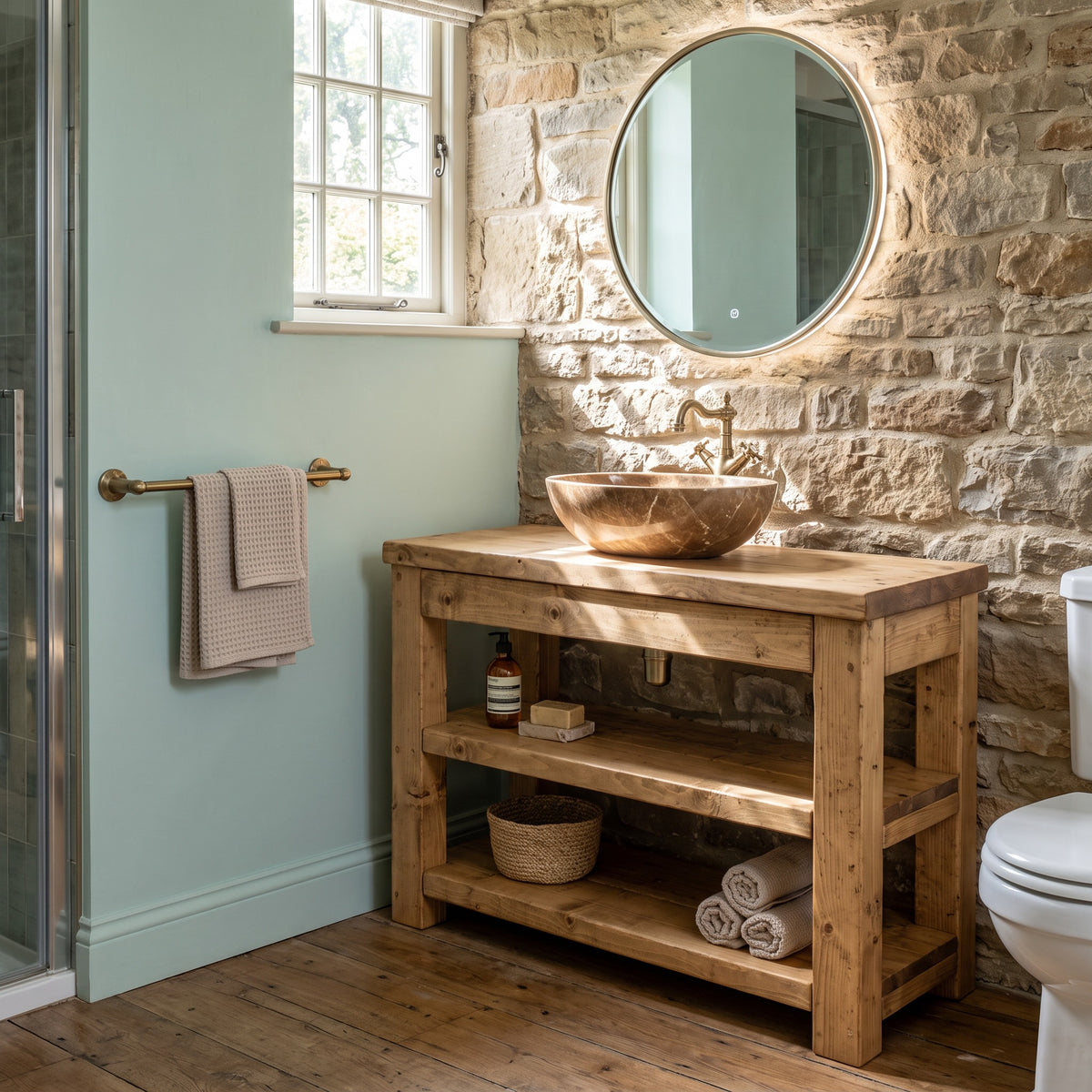 TERO Light Oak Colour Solid Wood Bathroom Vanity With Shelf