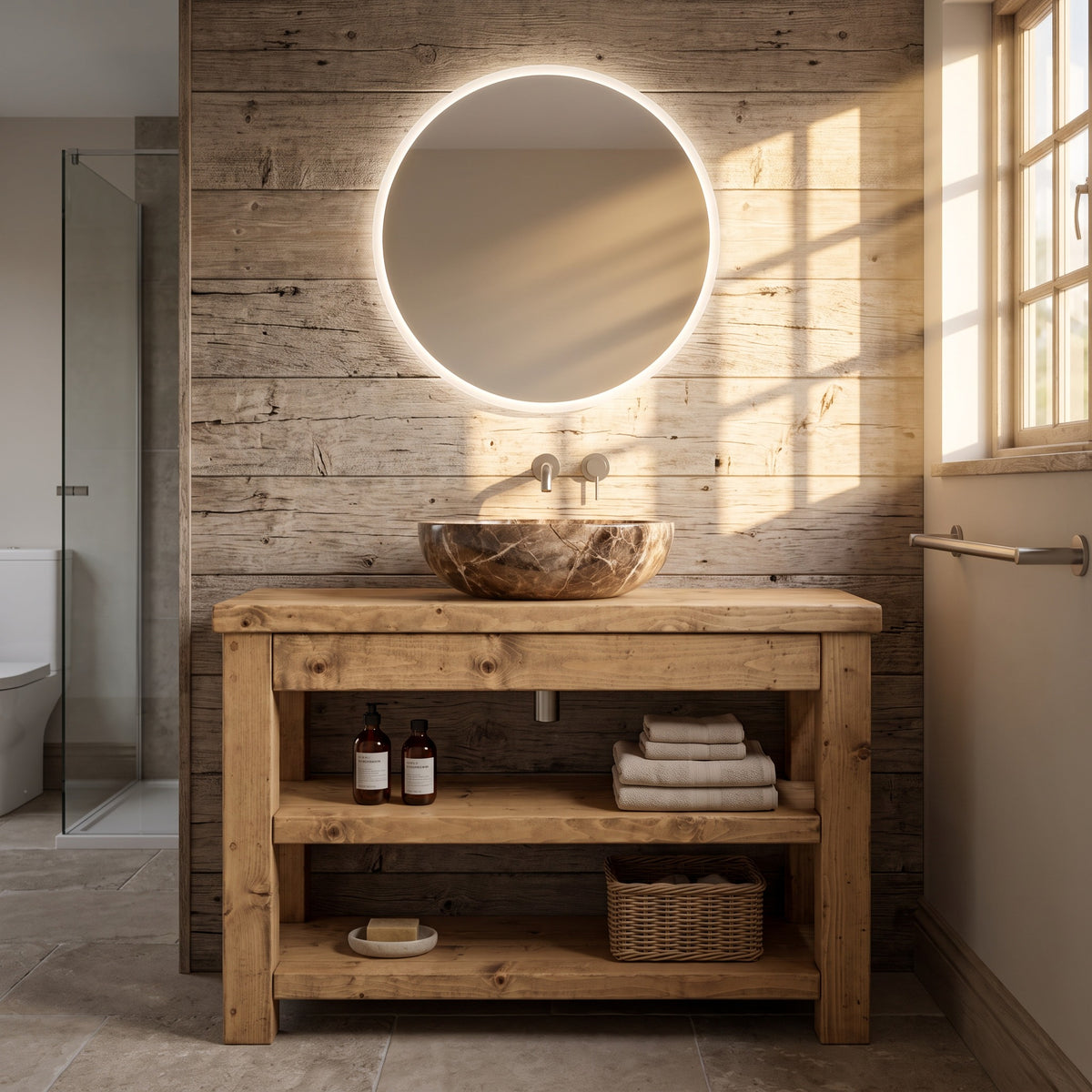 TERO Light Oak Colour Solid Wood Bathroom Vanity With Shelf