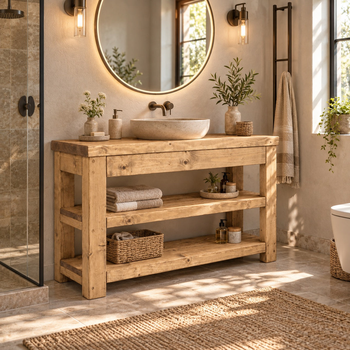 TERO Light Oak Colour Solid Wood Bathroom Vanity With Shelf