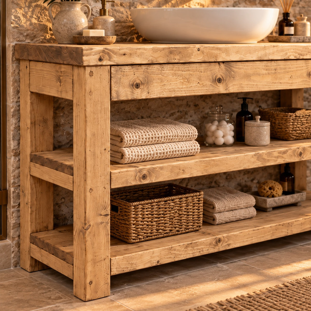 TERO Light Oak Colour Solid Wood Bathroom Vanity With Shelf