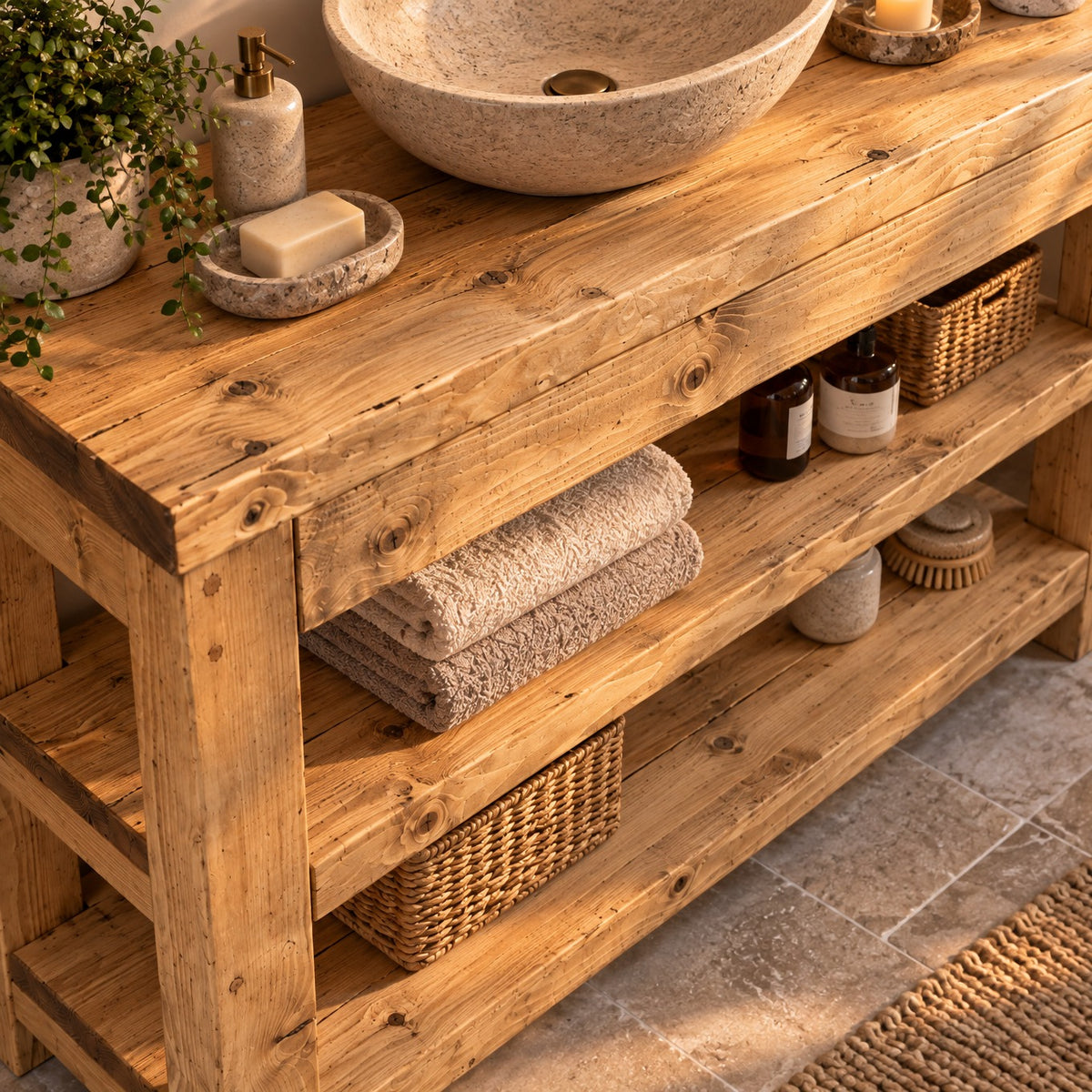 TERO Light Oak Colour Solid Wood Bathroom Vanity With Shelf