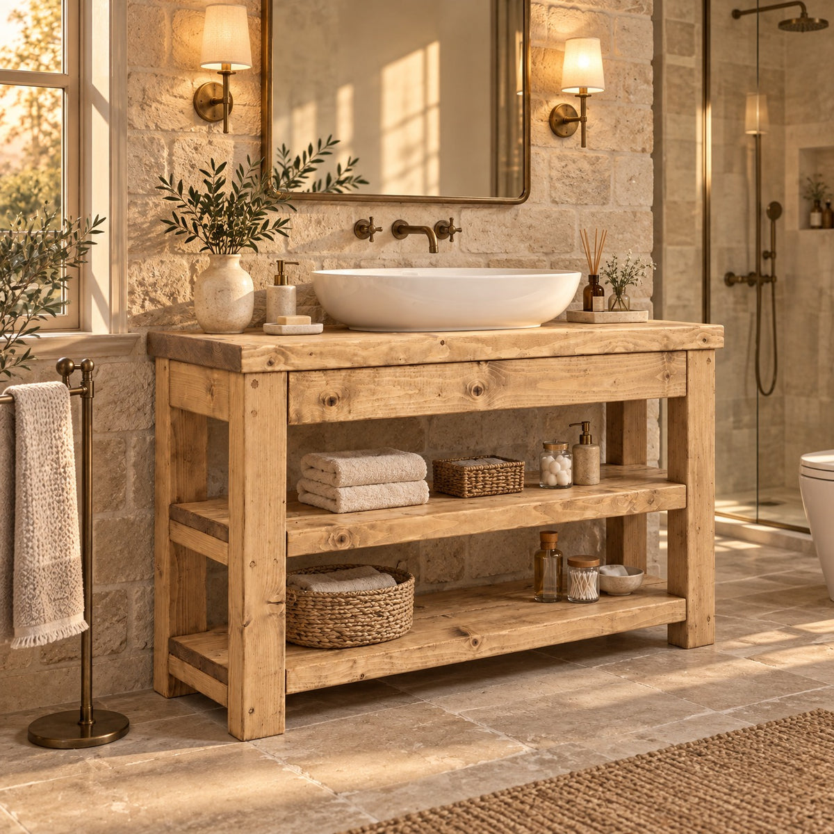TERO Light Oak Colour Solid Wood Bathroom Vanity With Shelf
