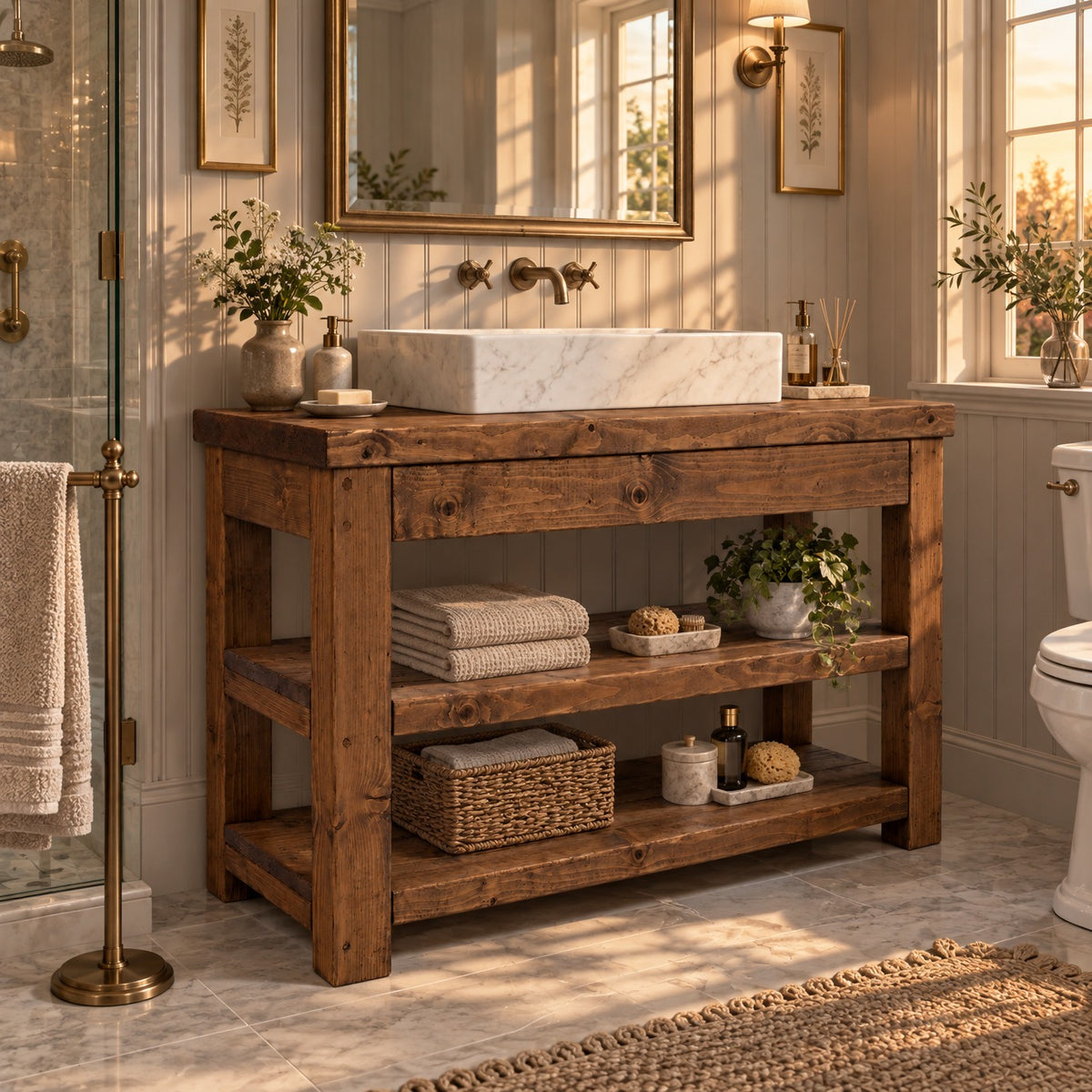 TERO Walnut  Colour Solid Wood Bathroom Vanity With Shelf