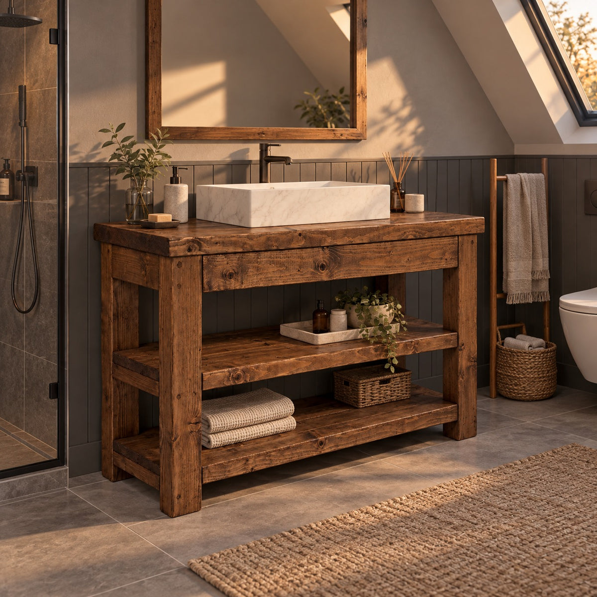 TERO Walnut  Colour Solid Wood Bathroom Vanity With Shelf