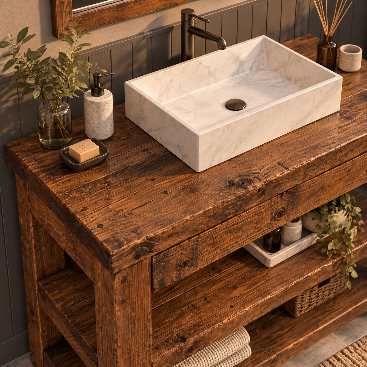 TERO Walnut  Colour Solid Wood Bathroom Vanity With Shelf