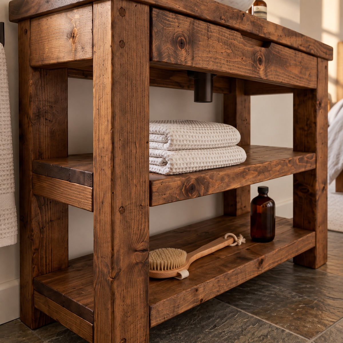 TERO Walnut  Colour Solid Wood Bathroom Vanity With Shelf