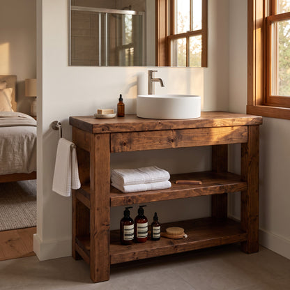 TERO Walnut  Colour Solid Wood Bathroom Vanity With Shelf