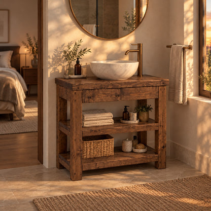 TERO Walnut  Colour Solid Wood Bathroom Vanity With Shelf