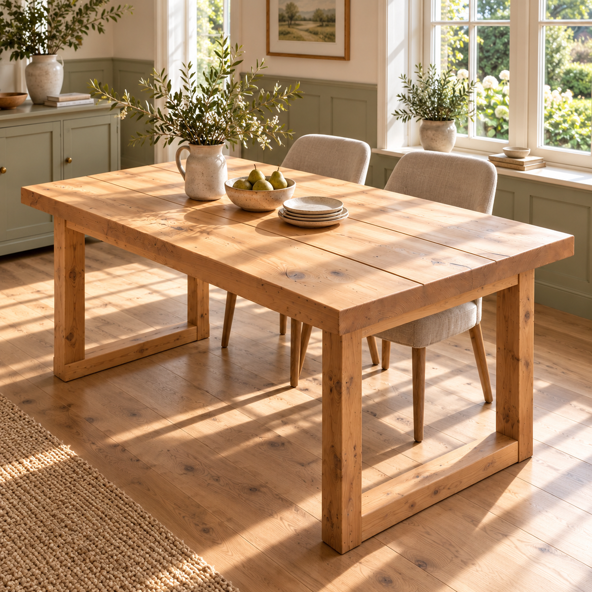 TREVON Light Oak Colour Solid Wood Dining Table With Wooden Square U Legs