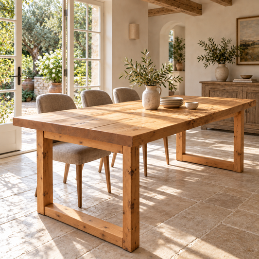 TREVON Light Oak Colour Solid Wood Dining Table With Wooden Square U Legs