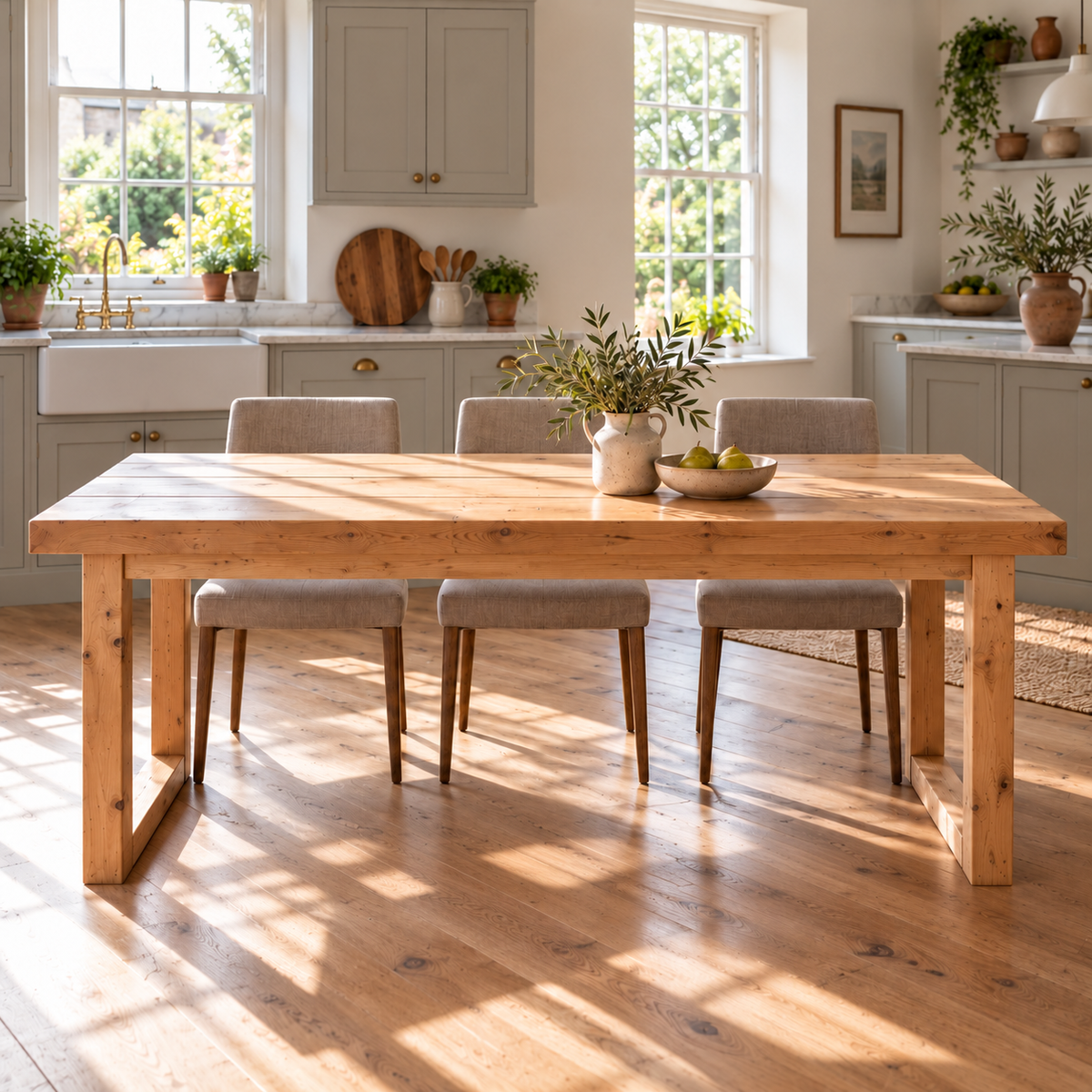 TREVON Light Oak Colour Solid Wood Dining Table With Wooden Square U Legs