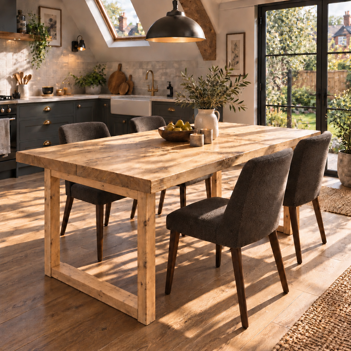 TREVON Light Oak Colour Solid Wood Dining Table With Wooden Square U Legs