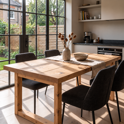 TREVON Light Oak Colour Solid Wood Dining Table With Wooden Square U Legs