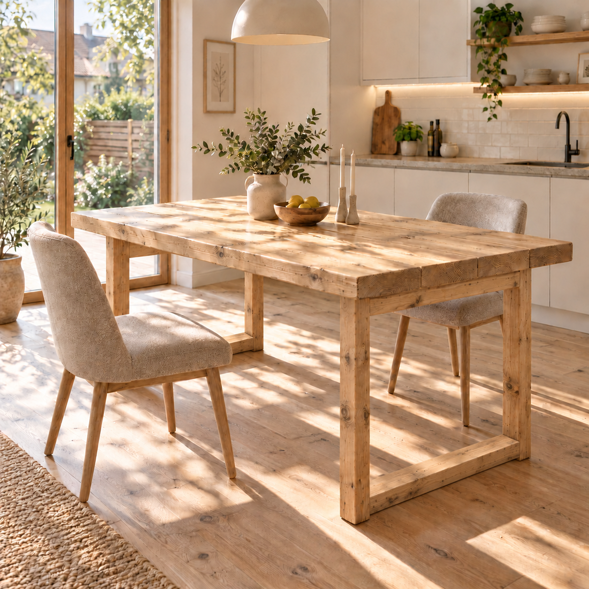 TREVON Light Oak Colour Solid Wood Dining Table With Wooden Square U Legs