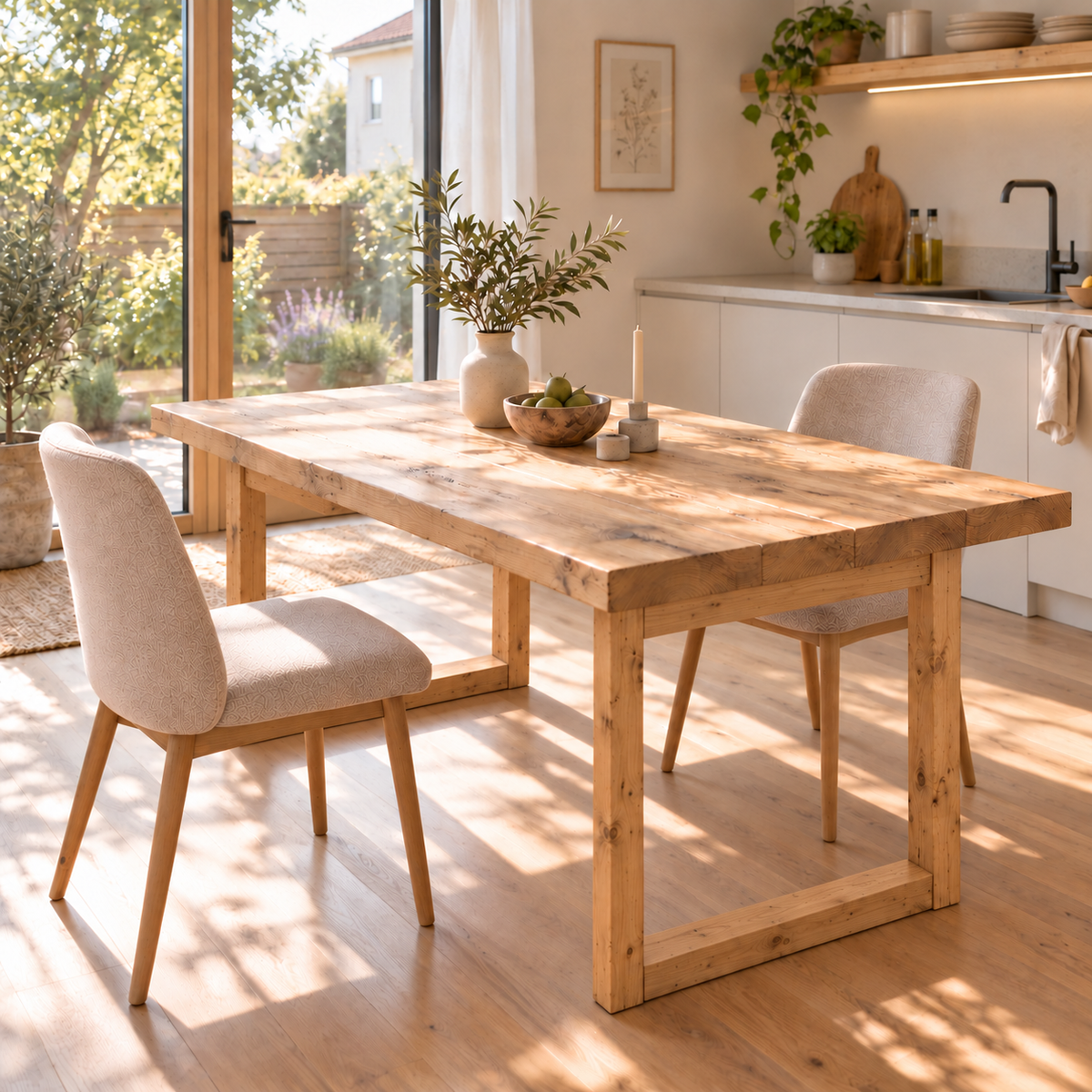TREVON Light Oak Colour Solid Wood Dining Table With Wooden Square U Legs