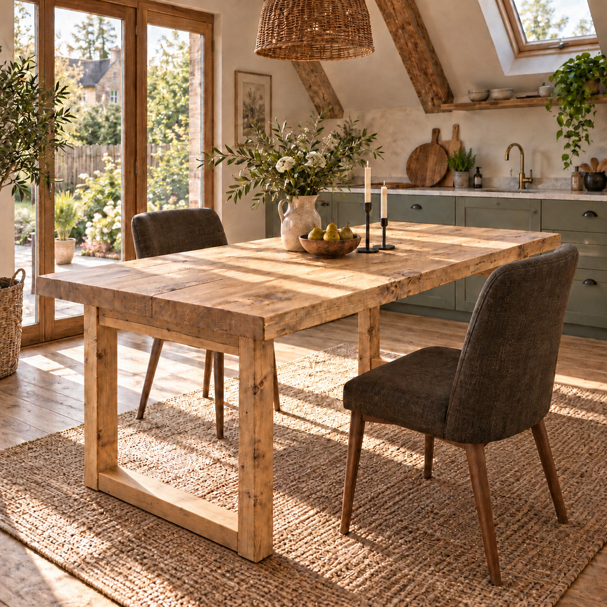 TREVON Light Oak Colour Solid Wood Dining Table With Wooden Square U Legs