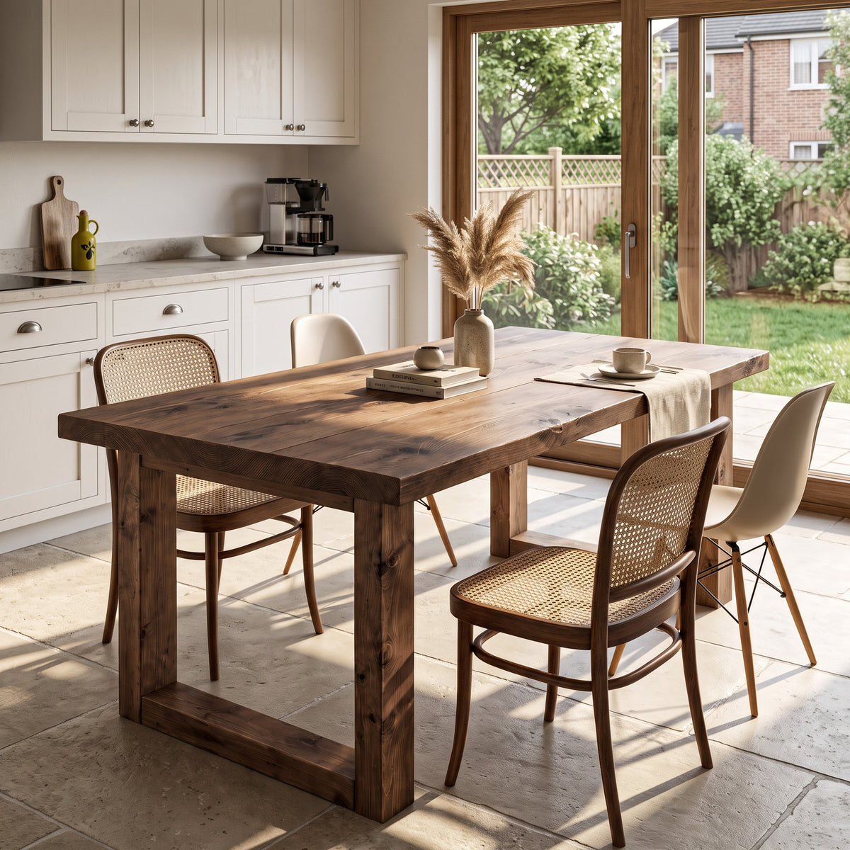 TREVON Walnut Colour Solid Wood Dining Table With Wooden Square U Legs