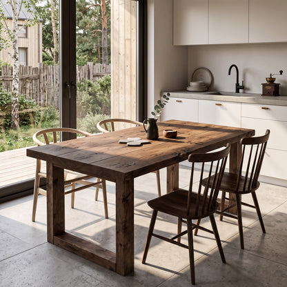 TREVON Walnut Colour Solid Wood Dining Table With Wooden Square U Legs