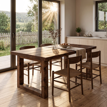 TREVON Walnut Colour Solid Wood Dining Table With Wooden Square U Legs